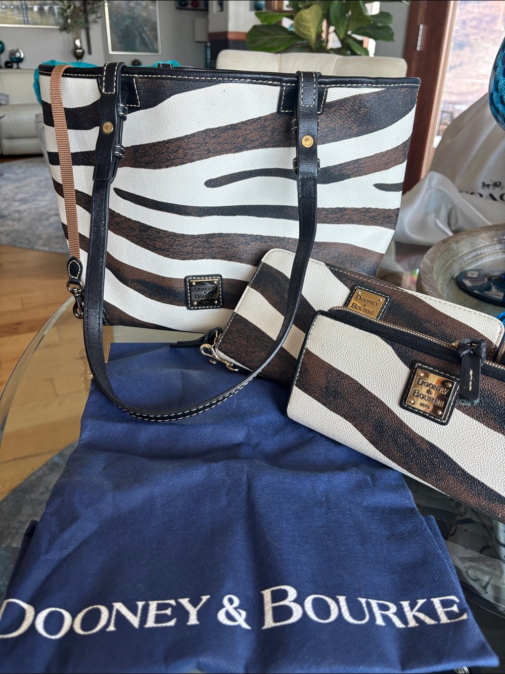 Dooney & Bourke leather Brown & White Zebra-Stripe Tote with Black Trim - Picture 6 of 6